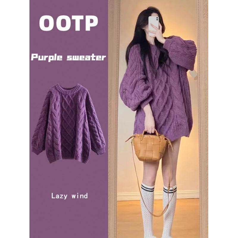 Autumn And Winter New Solid Color Soft Sticky Flower Sweater Female Retro Loose Thick Sesame T-Shirt