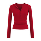 V-Neck Button Long-Sleeved T-Shirt V Collar Slimming Top New