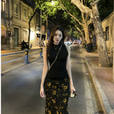 French Retro Temperament Floral Half-Dress Skinny Vest Female Sexy Hot Ass Skirt Set