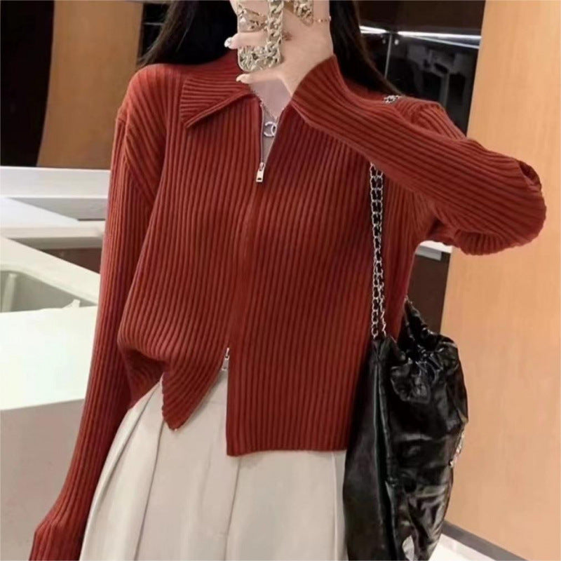 3.7/New On Spring XUAN XIAO JIE Short Premium Sense Polo Collar Zipper Knitted Open Shirt