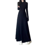 Autumn French Hepburn Black Long-Sleeved Collar Dress Femininity Elegant Height Waist A Long Dress