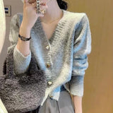 KANING Heart-Shaped Button Gradient Rainbow-Colored Knit 2026 Autumn New Stylish Sweet V-Neck Sweater
