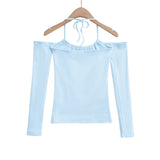Spice Girl Slimming Thin Shoulder Shoulder Long-Sleeved T-Shirt Pure Desire Hottie Inside The Bottom Of The Tie Hanging Neck