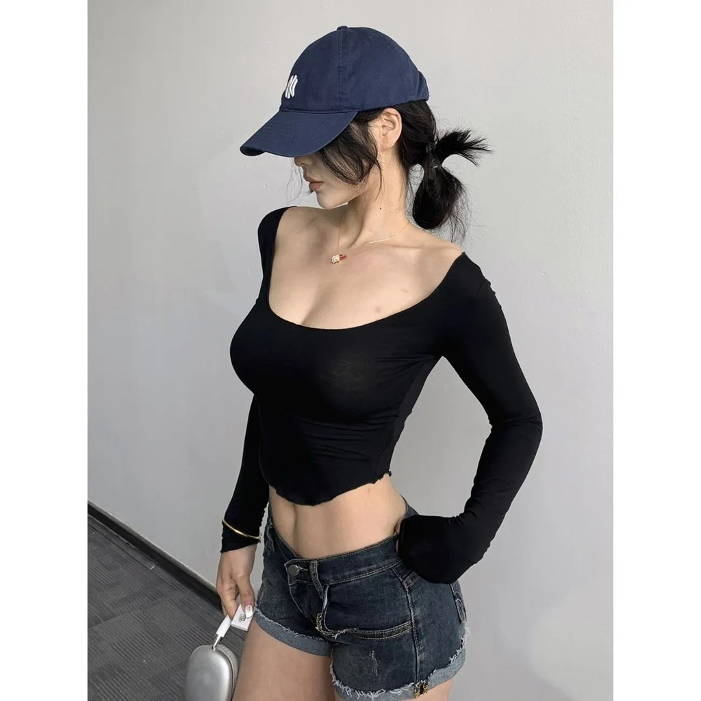 Solid Color U Neck Collar Collar Collar Long-Sleeved T-Shirt Girls Spring And Autumn Basic Big Necktip Sexy Hottie With Short Top