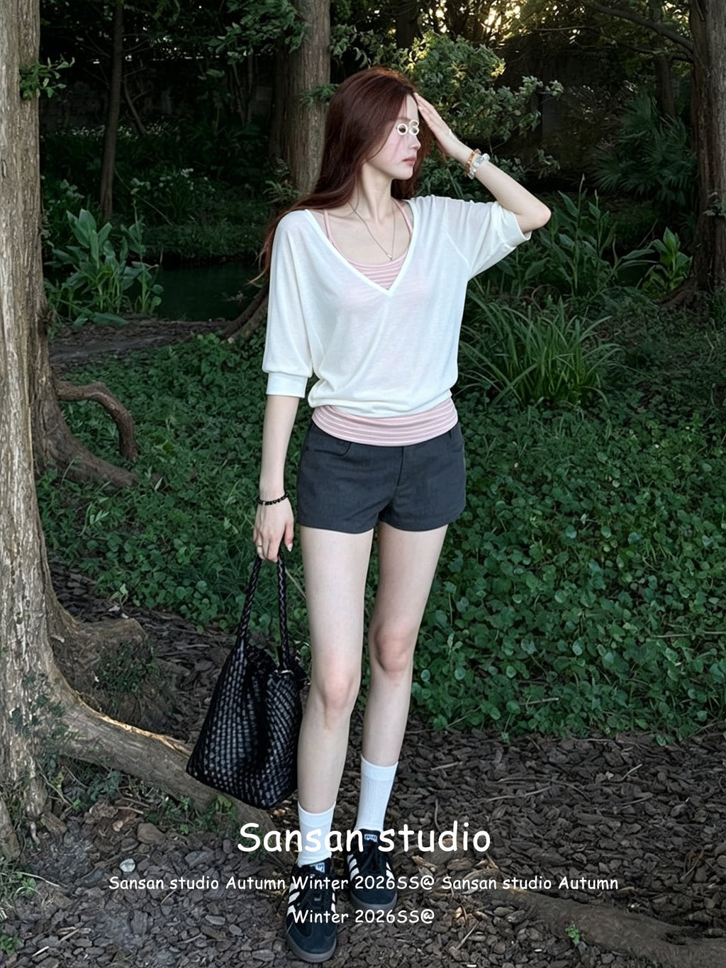 Middle-Sleeved T-Shirt Women's Two-Piece Summer Striped Sling Vest With Short-Sleeved Top