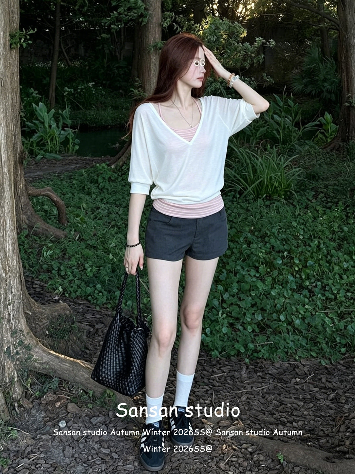 Middle-Sleeved T-Shirt Women's Two-Piece Summer Striped Sling Vest With Short-Sleeved Top