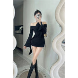 Sexy Hottie Purple Shoulder Dress Women Autumn Winter Design Tight Body Thin Ass Short Skirt