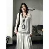 Snowflake Cotton Korean White Striped Fake Two Casual Long-Sleeved T-Shirts Folded V-Necked Women