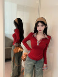Korean Red Lattice Spliced Long-Sleeved T-Shirts For Girls In Spring And Autumn And Winter Repair Clothes And Fake Two Morning And Autumn Tops