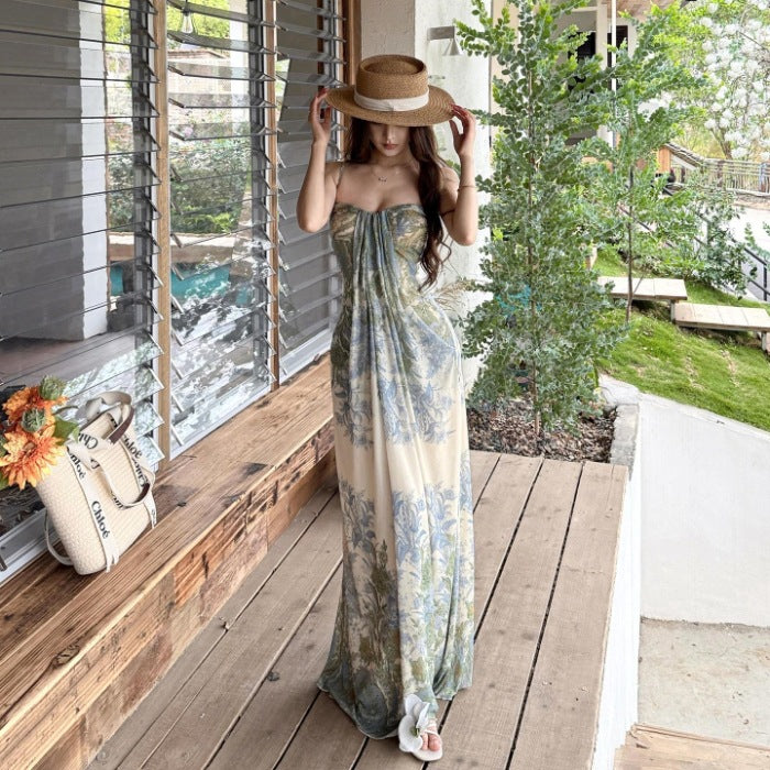 Sexy Beautiful Slings Print Bareback Dress Female Summer Temperament Thin Seaside Wind Bag Hip Dress Long
