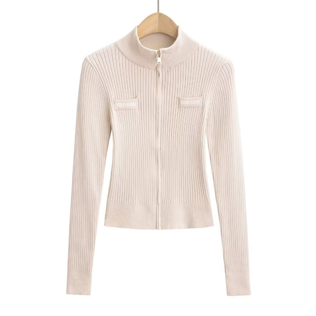 Autumn And Winter Babes Knitted Maillard Pit Zip Half-High Collar Coat Long Sleeves Short Fashion Thin Sweater
