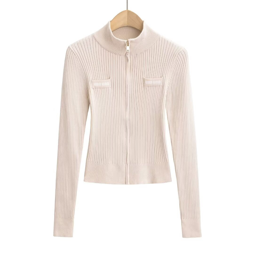 Autumn And Winter Babes Knitted Maillard Pit Zip Half-High Collar Coat Long Sleeves Short Fashion Thin Sweater