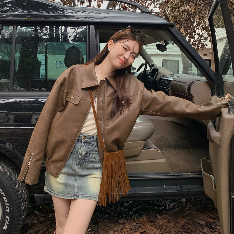 2026 Spring And Autumn Vintage Curry Leather Jacket Jacket Old Money Coat Woman Merard Wear