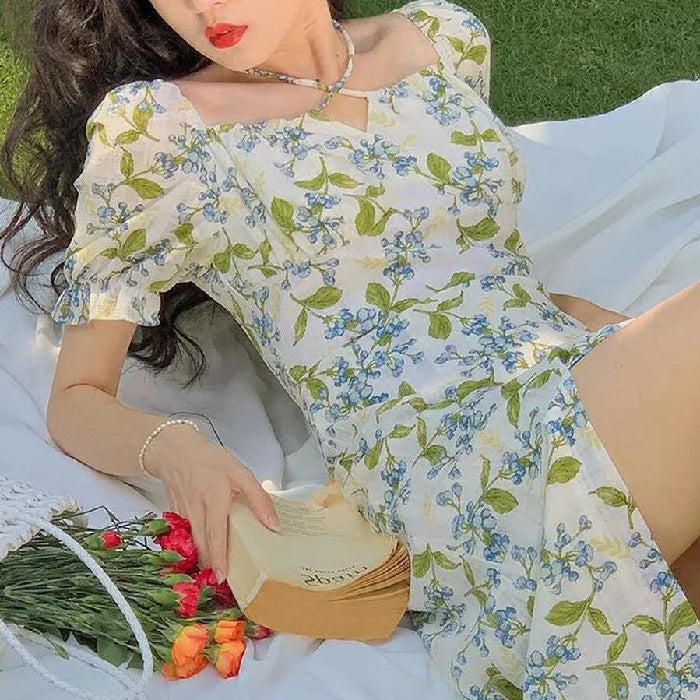 French Strapped With Broken Flower Dress Women's New Summer Long High-Rise Thin Open Fork Skirt Tide Collar