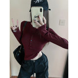 Pure Hot Girl Wine Red V Long Sleeves With A Bottom Shirt Girl Spring And Autumn Body Tight Shoulder T-Shirt Short Shirt