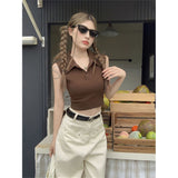 Vintage Hottie Style Button Polo Collar Small Vest Girl Summer Sexy Babes Open Umbilled Dress