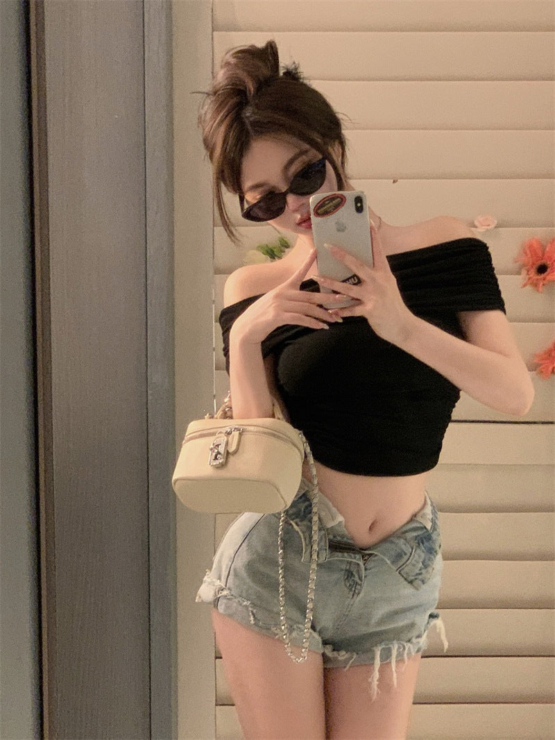 One-Word Shoulder T-Shirt Slim Thin Body Short Top Sexy Hottie Shirt Top