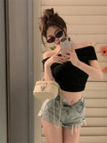 One-Word Shoulder T-Shirt Slim Thin Body Short Top Sexy Hottie Shirt Top