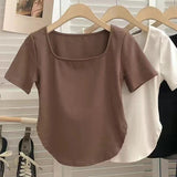 Pure Fashion French Small Sexy Pure Color Short-Sleeved T-Shirt Girl Summer Collar Umbilized Bottom Women's T-Shirt Tide