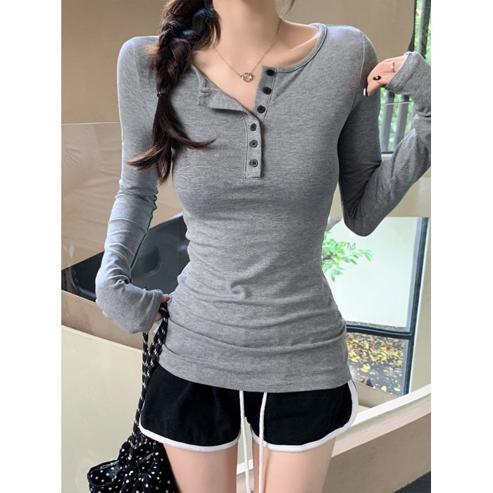 Spice Girls Button Slim Thin Long-Sleeved T-Shirted Women 2026 Spring And Autumn Simple Inside The Shoulder Student Top