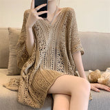 V-Necked Short-Sleeved Knitted Shirt Women's Thin Autumn Design Sense Of Small Unique To Loose Hooded Tops