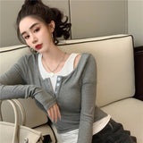 Tide Brand Fake Two Pure Want To Match The Color Splicing Long-Sleeved T-Shirt Girl Autumn New Hottie Slimming On The Top