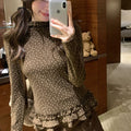 De-Huffed Brown Broken Flowers Spliced Bottom Shirt Women Autumn And Winter Half-High Collar Slimming Folding Inside Cloth