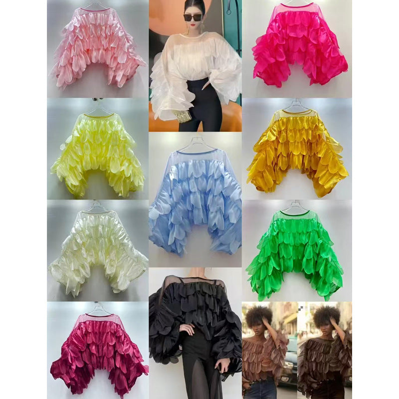 Small Design With A Sense Of Feminity Feminity Pearling Irregular Lotus Leaves Side Decoration Chic Bat Sleeve Shirt Blouse Tide
