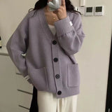 KANING Roll-Fleet Sticker V-Neck Button Knitted Cardigan 2026 Autumn New Korean Lazy Loose Sweater