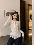 Sweet Wind Beautiful T-Shirt Girl Spring And Autumn Niche Design Bow Tie Hollow Body Bottom Shirt Tide