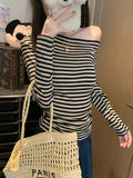 Autumn Pure Lust Sexy Slanted Side-Striped Shoulder Word-Collared Long-Sleeved T-Shirt Girl Slimmed Hottie Top