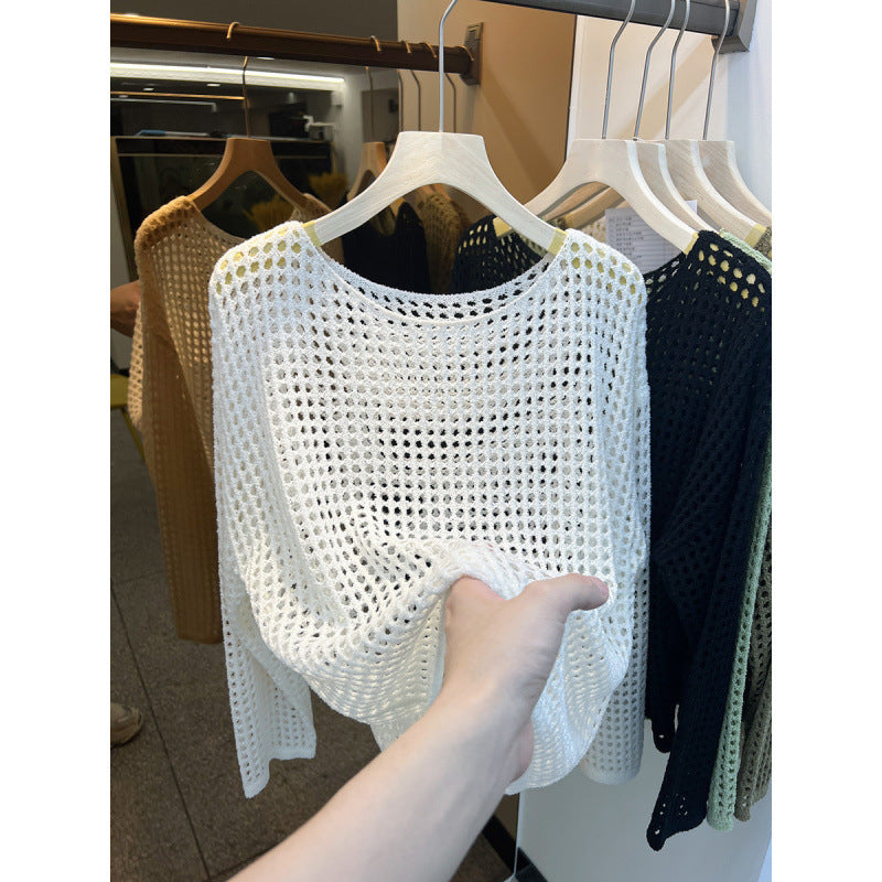 Kaning Long-Sleeved Hollow Knitted Net Shirt Women 2026 Summer And Autumn New Mesh Hooding