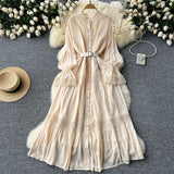 French Court Retro Elegant Dress Women's Collar Horn Sleeves To Close Single Buckle Lace Splicing Large Swing Dress