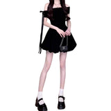 French Word Shoulder-To-Shoulder Black Dress Women's New Summer Hepburn Style Beautiful Pony Buds Short Skirt
