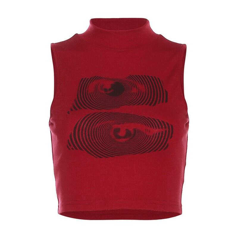 Vintage Babes Sexy Semi-Circular High-Neck Vest Women's Summer New Design Print Thin Short Top